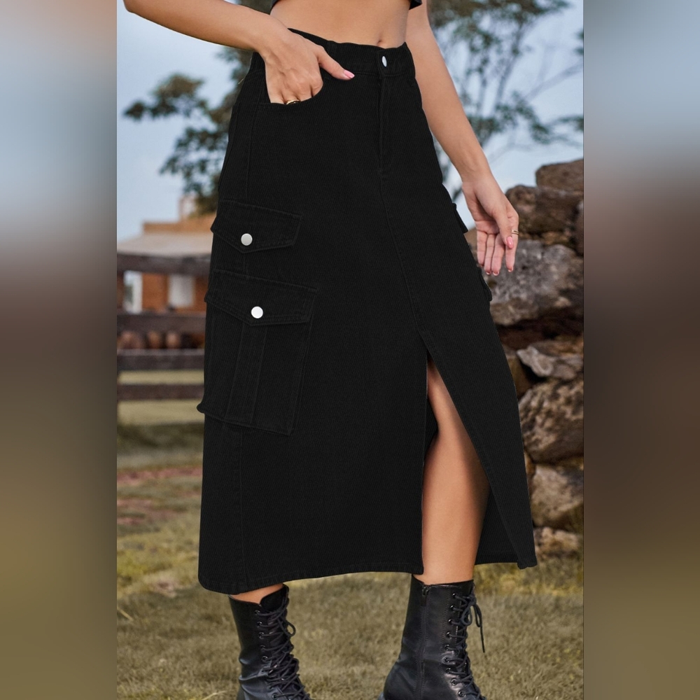 High-Rise Midi Retro Cargo Pocket Button Elastic Waist Denim Jean Slit Skirt